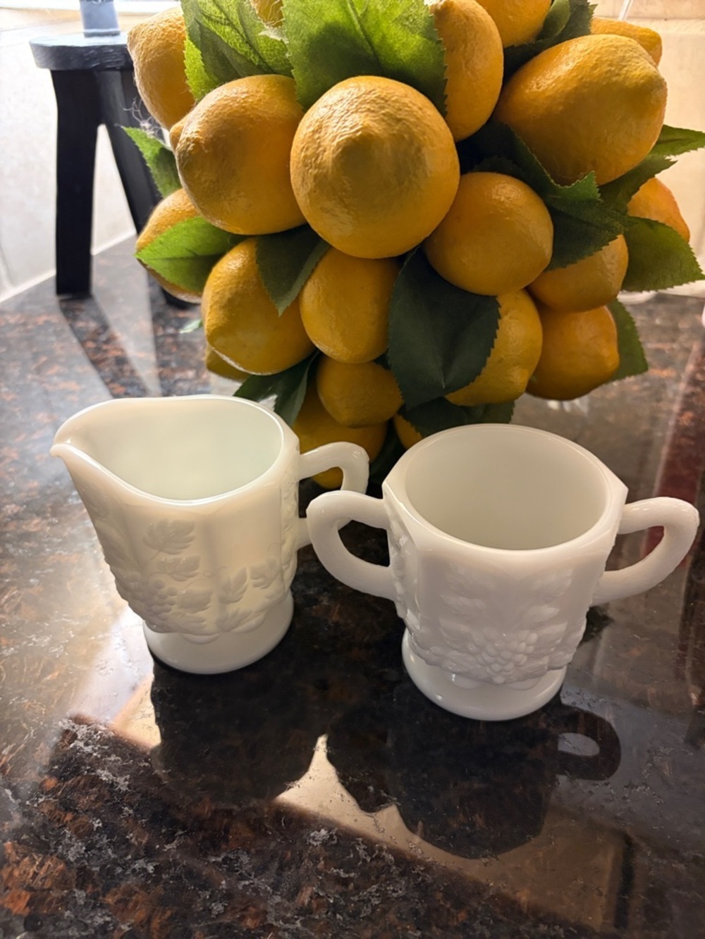Westmorland paneled grape milk glass sugar and creamer set. Stamped.